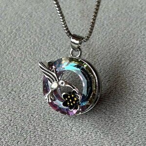 Hummingbird with Flower Necklace Stunning Blue Purple Stone Brand New